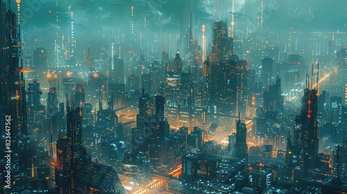 A vast, alien cityscape stretching out into the horizon, with strange, towering structures and glowing lights.