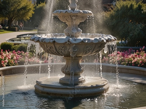 A beautiful round fountain in the park.