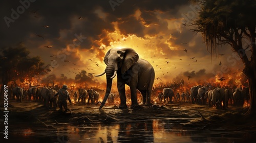 Scene capturing a large elephant playfully splashing in a watering hole, with other wildlife cautiously watching from the sidelines