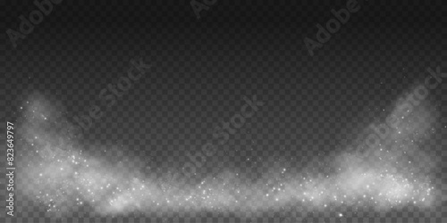 Fantastic smoke background. Magic smoke with glitter and small particles of twinkling stars, fog with glowing particles, gray vapor with stardust. Vector illustration. 