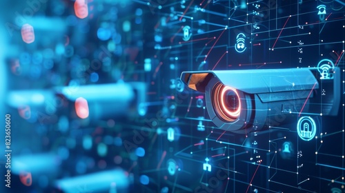 A highly detailed image of a modern security camera over a digital network background with glowing icons and data streams, representing advanced surveillance technology.