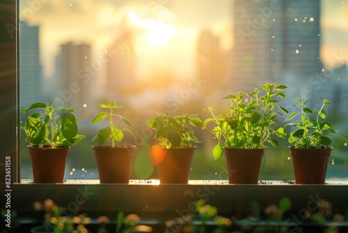 Window sill garden with thriving plants, sunlight streaming close up, focus on, copy space, bright and natural colors, Double exposure silhouette with cityscape