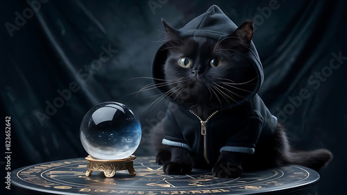 magical astrologer cat with black hoodie and the magical ball, AI Generative