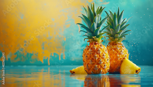 pineapple splash background image on yellow, colorful tropical fruits, summer vacation concept banner 