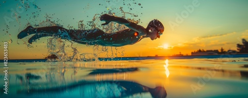 Swimmer diving into pool, perfect form and splash close up, focus on, copy space, fresh and invigorating hues, Double exposure silhouette with water elements