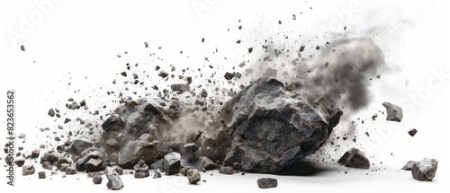Large pieces of dark gray stone crashed to the ground, sending up a spray of dust and debris.