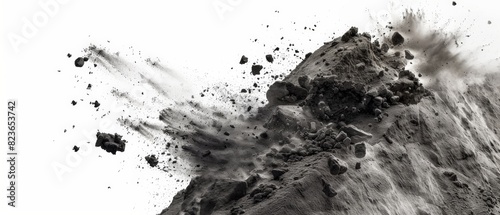 Black powder explosion on white background.