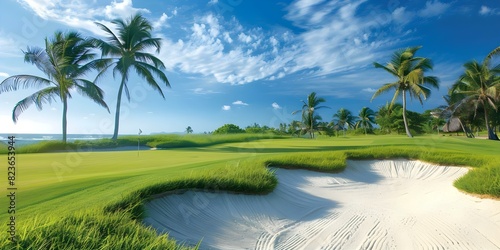 Tropical golf course with palm trees and sand exudes elegance and precision. Concept Outdoor Photoshoot, Tropical Vibes, Golf Course Elegance, Palm Trees, Sandy Settings