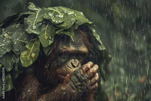 Monkey shelters from the rain under a leaf canopy