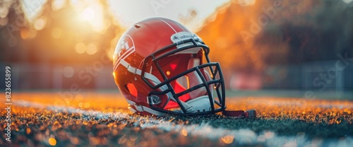 Football Helmet And Pads On The Sidelines With Copy Space, Football Background
