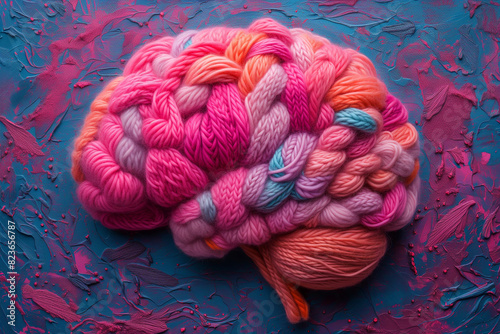 Human brain knitted with wool, self esteem and mental health concept, positive thinking, creative mind, consciousness 