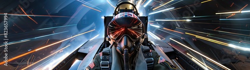 Pilot in the cockpit of an f20 fighter jet, wide angle shot, high speed photography, blurred background, action scene, fast motion blur, depth of field, dynamic lighting, orange and blue color tones,