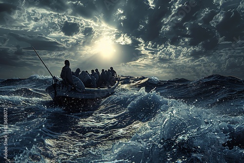 Mediterranean Sea migrant boat carrying several people. Generative Ai