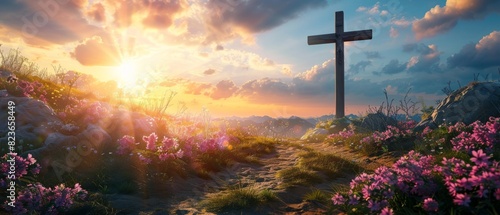 Easter morning with cross on Golgotha focus on, new beginnings, vibrant, manipulation, religious scenery