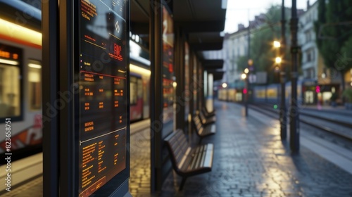 Twilight scene at an urban tram stop, featuring illuminated information displays with tram times and stops, reflecting on wet pavement.