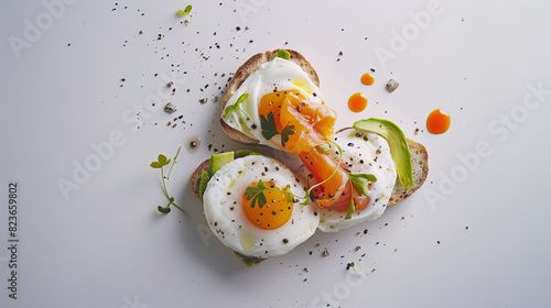 Minimalistic Brunch Dish with Avocado, Poached Eggs, and Smoked Salmon