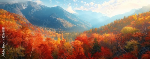 Mountain valley in autumn, colorful foliage and clear skies close up, focus on, copy space, rich and warm tones, Double exposure silhouette with fall scenery