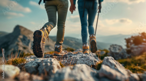 Legs view of a young happy hiking couple of a loving girl & a boy, with backpacks in a mountain forest background. Outdoor adventure, traveling, enjoying nature concept. 