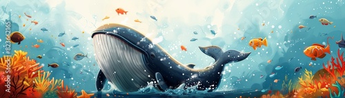 Underwater scene with a big blue whale and colorful fishes around.