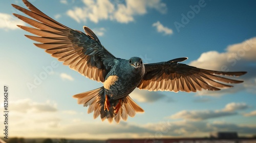 A bird in flight being photographed by students, teaching techniques for capturing speed and freedom, selective focus, freedom theme, vibrant, Fusion, open sky background