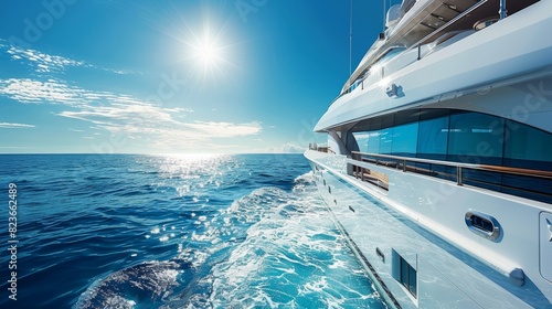 Luxury yacht on clear blue waters, sunbathing deck close up, focus on, copy space, bright and pristine hues, Double exposure silhouette with ocean waves