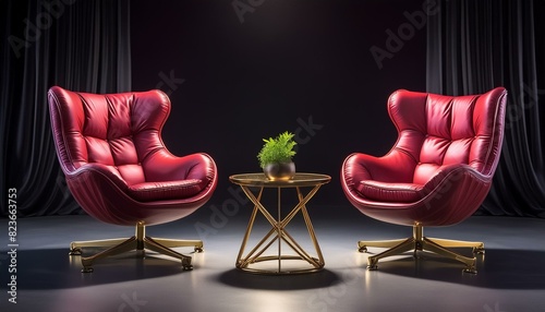 Deux fauteuils rouges et une table basse sur une scène 
