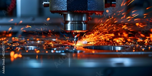 Sparks fly as CNC milling machine creates metal parts in manufacturing process. Concept Manufacturing, CNC Milling, Metal Parts, Technology, Industrial Machinery