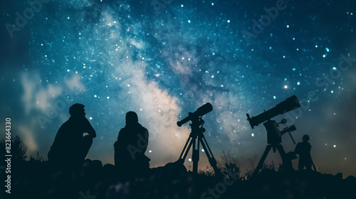Uma imagem em close de amigos sentados juntos com telescópios, suas silhuetas emolduradas pela Via Láctea que se estende pelo céu noturno. O efeito bokeh das estrelas circundantes