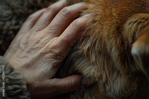 Woman's hand patting dog or cat