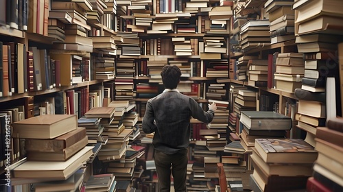 Student Navigating Towering Bookshelves in Pursuit of Knowledge