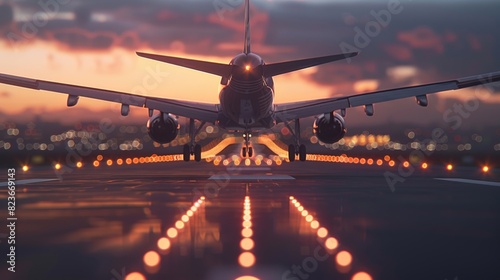 The closeup photo captures the wingtip of a commercial airplane and the runway below during its landing providing a realistic and minimal view, Generated by AI