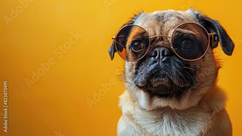 Adorable pug wearing stylish round glasses with a vibrant yellow background, captured in a humorous and playful moment.