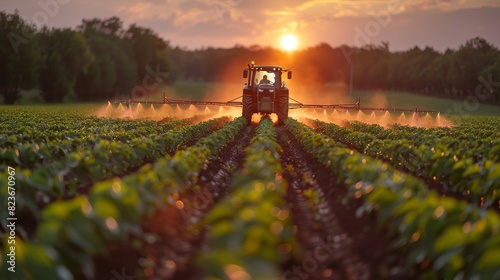 Evening sun gilds a tractor as it sprays crops, exemplifying modern agricultural practices and food production