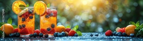 Refreshing summer drinks with fresh berries and citrus fruits on a sunny day, perfect for a cool beverage moment outdoors in nature.