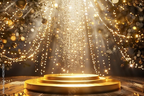 Create a photorealistic image of a golden stage with a spotlight
