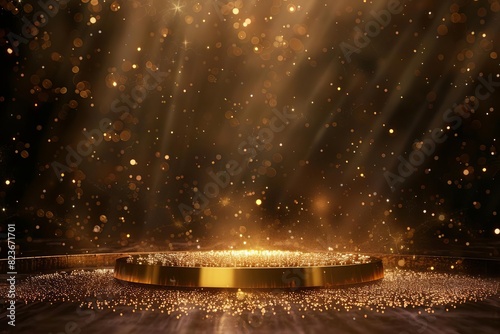 Create a 3D rendering of a golden stage with a spotlight. The stage should be made of a reflective material and the spotlight should be positioned to create a dramatic effect.