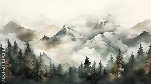 Watercolor painting of a mountain range with fog and pine trees