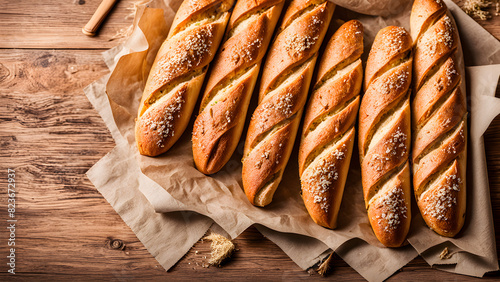 French baguette bread on paper, breakfast concept, starchy food, delicious food, healthy lifestyle, background image