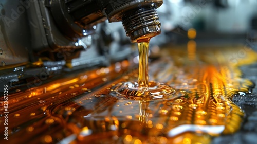 Detailed image of a machine dispensing oil onto a metallic surface creating a shiny wet look with vibrant reflections
