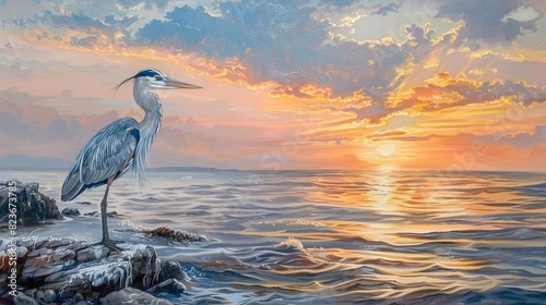 majestic grey heron standing on rocky shoreline at sunset seascape oil painting