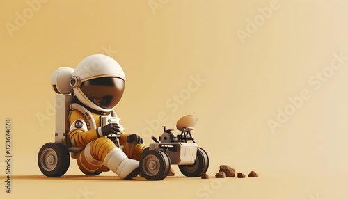 A 3D cartoon astronaut playing with a space rover