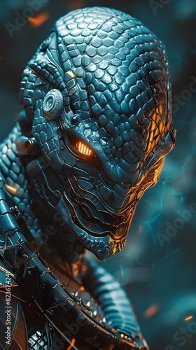 Menacing Cyborg Hydra Warrior with Metallic Scales and Glowing Cybernetic Eyes in a Color Smoke Effect