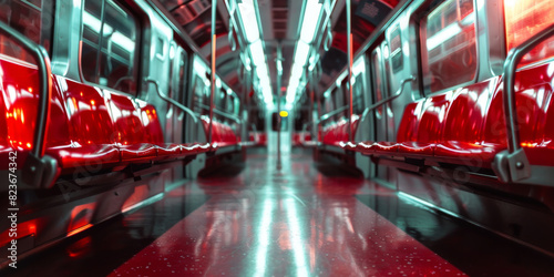 A train with red seats and a yellow light