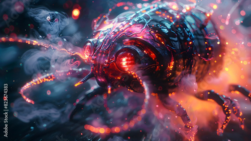 Menacing Cyborg Snail Warrior with Plasma Cannons and Razor-Sharp Pincers Surrounded by Swirling Neon Smoke