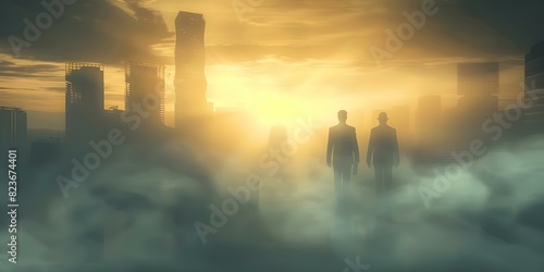 Businessmen in foggy cityscape symbolize sacrifices for financial success amid obscured vision. Concept Success, Sacrifice, Business, Cityscape, Uncertainty