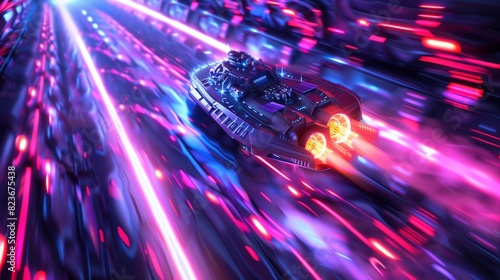 A space cruiser navigating through a corridor of shifting neon patterns, with bursts of energy propelling it forward into the depths of hyper warp space,