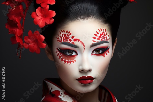 Stunning portrait of a woman with artistic geisha makeup and vivid red flowers