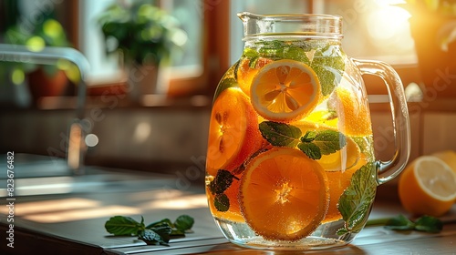 Refreshing citrus infused water with sliced orange and mint leaves in a glass jar on a table by the window