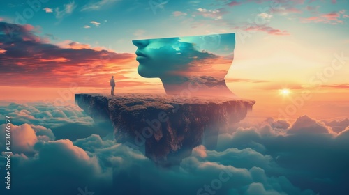 Solitary figure on a cliff with surreal sky and face silhouette