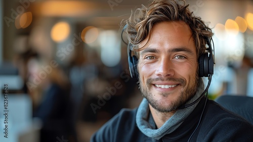 Smiling male customer service representative with headphones on